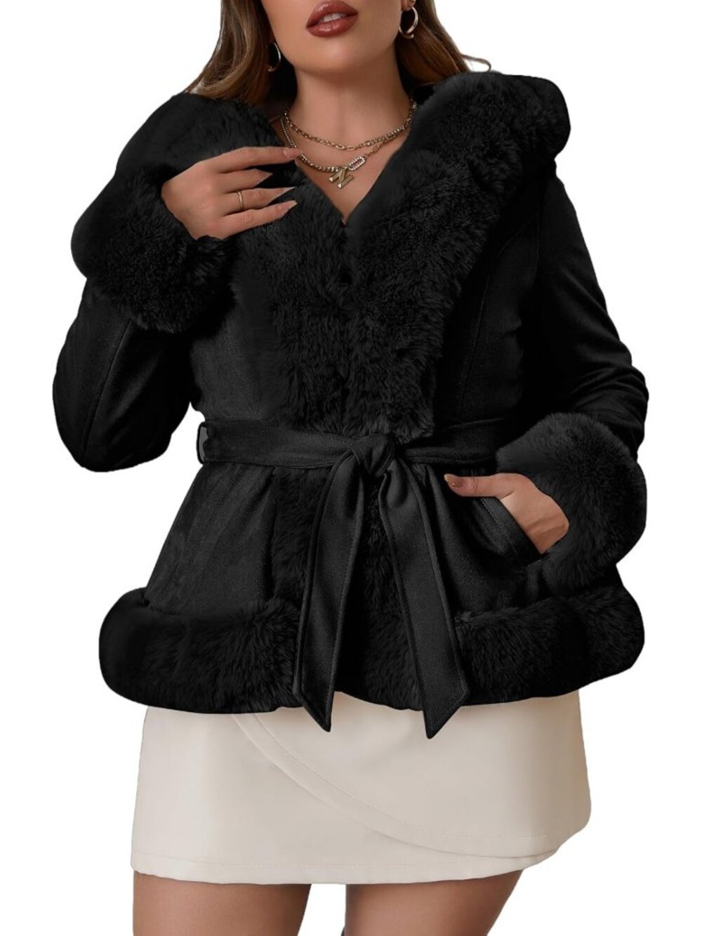 Cozy Plus Size Faux Fur Hooded Belted Winter Coat, Fleece Lined 1X-5X